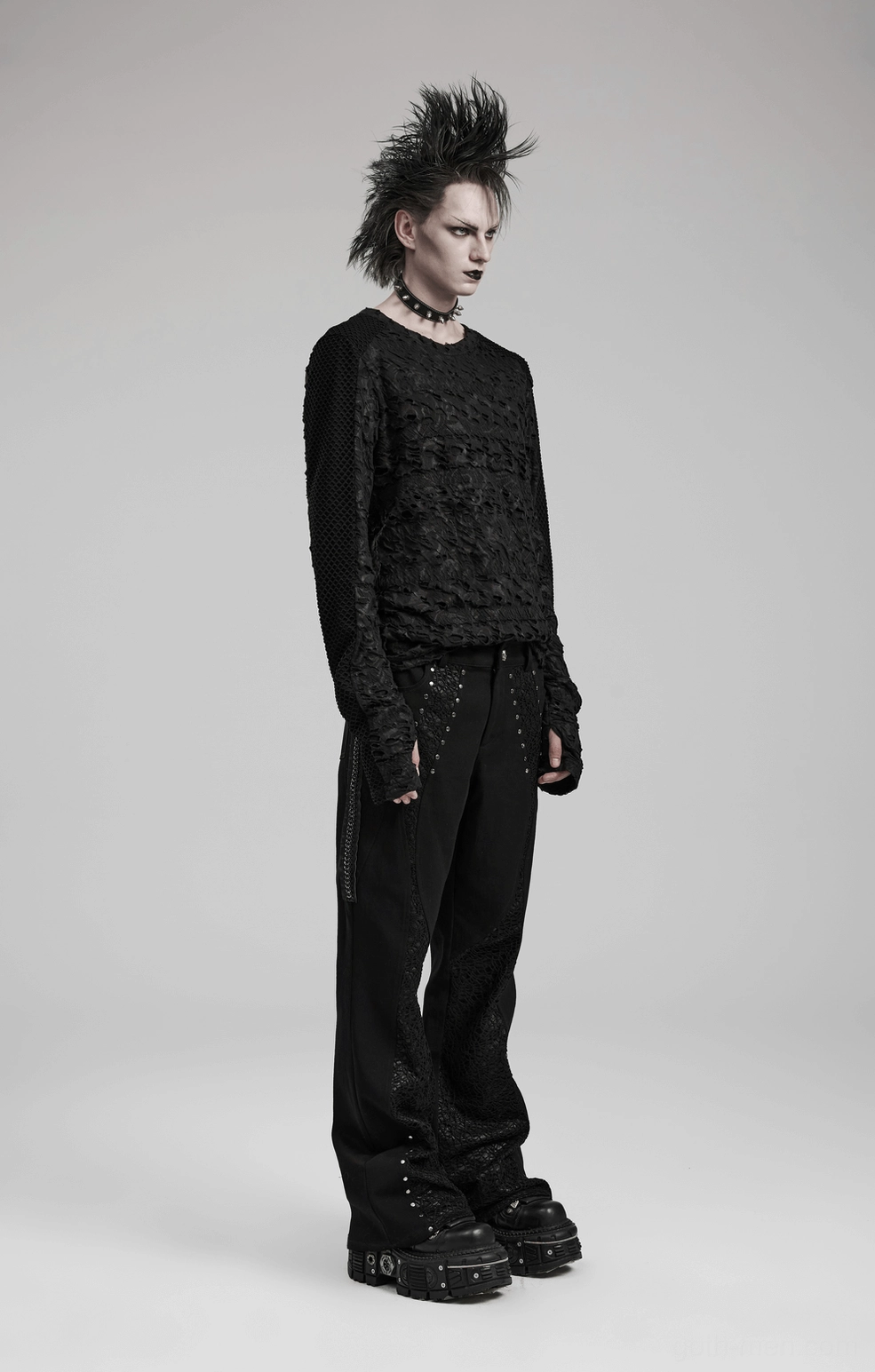 Black gothic long sleeve top with mesh sleeves product photography showing construction quality and design elements