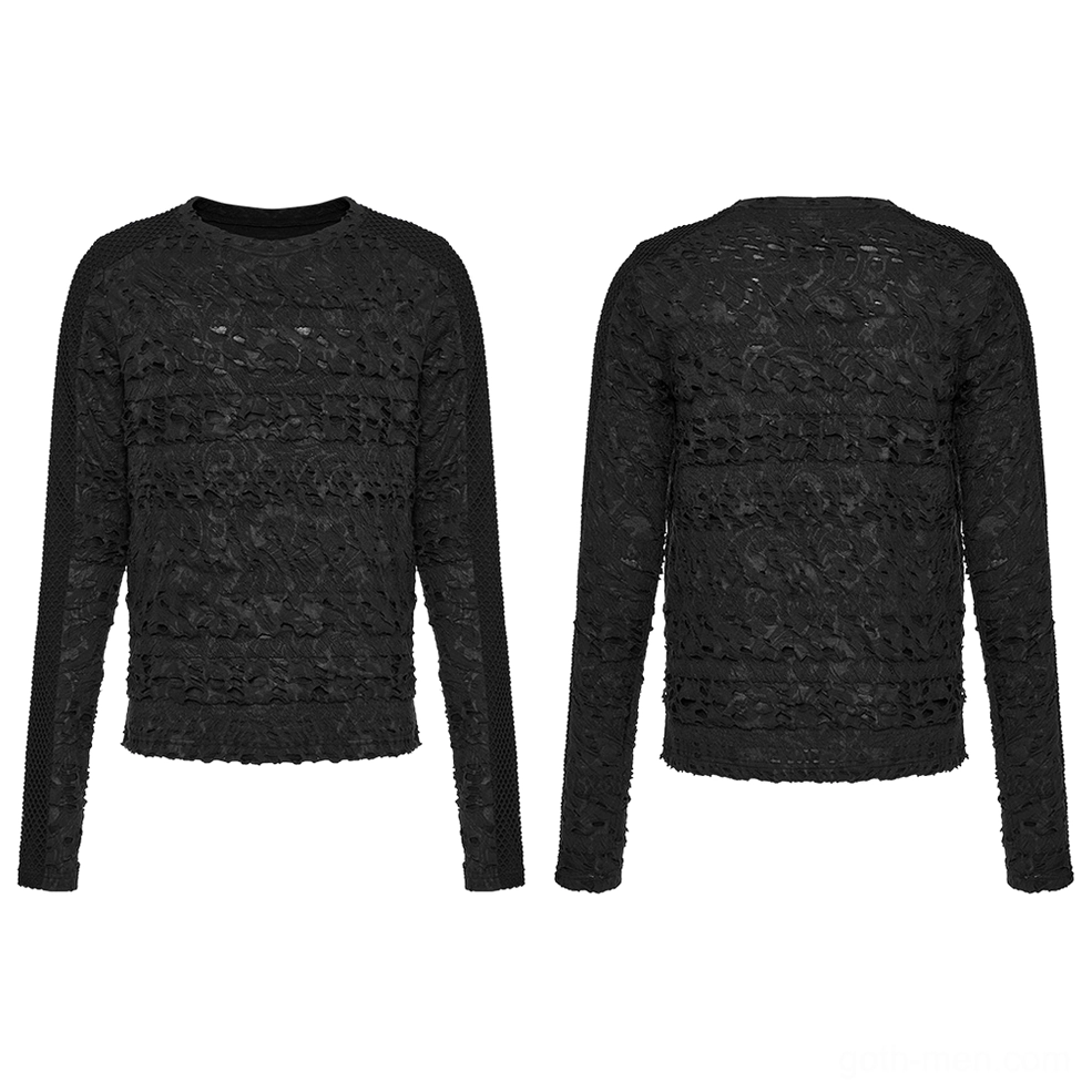 Dark elegance gothic men's mesh sleeve top flat lay front and back product shot displaying all-black construction