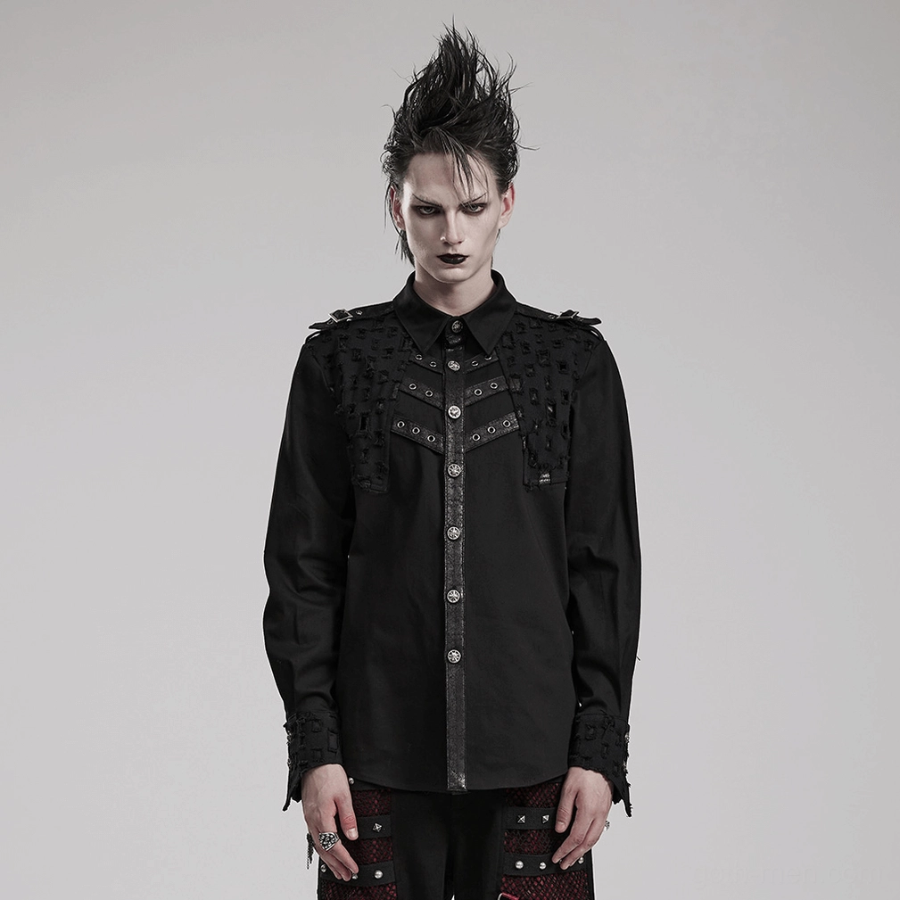 Black gothic punk long sleeve shirt alternative angle view with studded details and metal skull accents prominently displayed