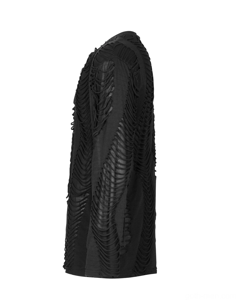 Black distressed gothic sweatshirt side view flat lay showing full body shredded texture and sleeve construction
