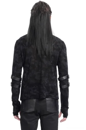 Black gothic long-sleeve buckle top back view showing arm straps and fitted silhouette