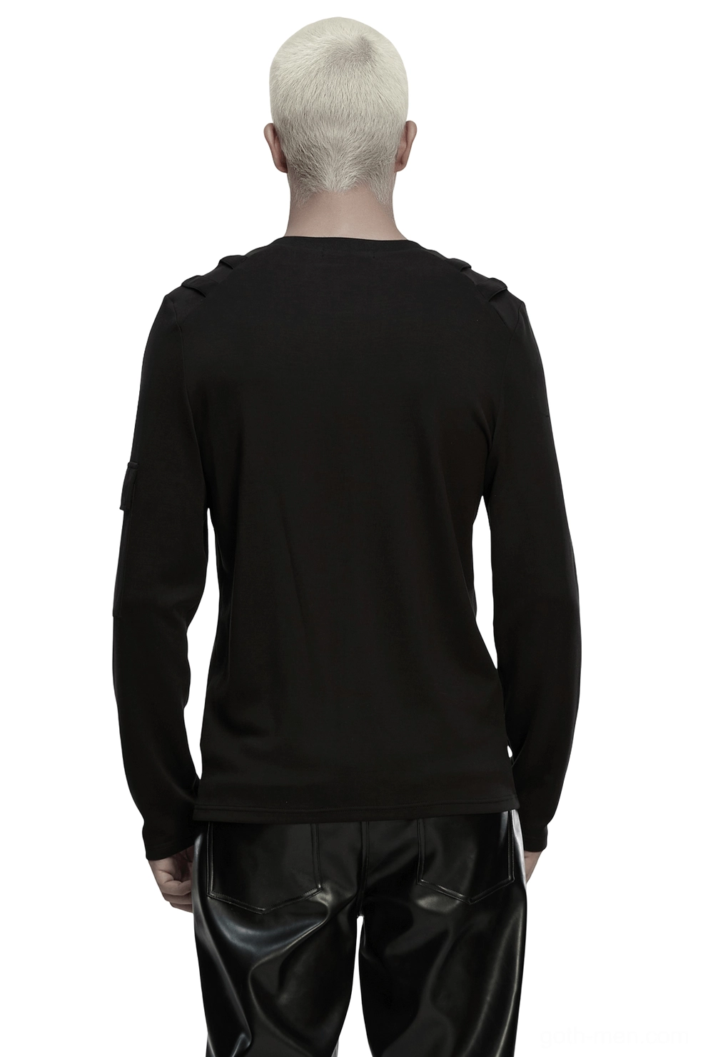 Black gothic long-sleeve cyberpunk top back view on model, worn with black leather pants
