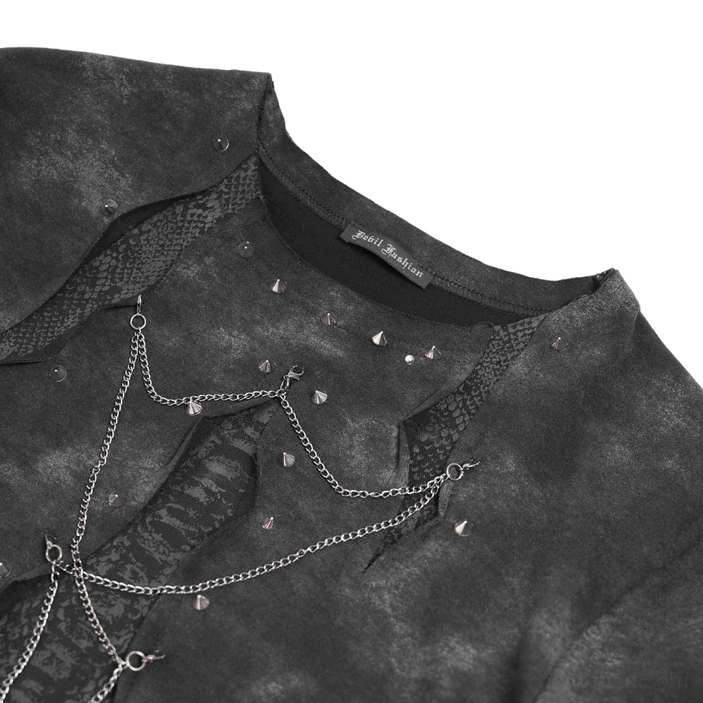 Close-up detail of studded neckline and metal chains on gothic long sleeve top