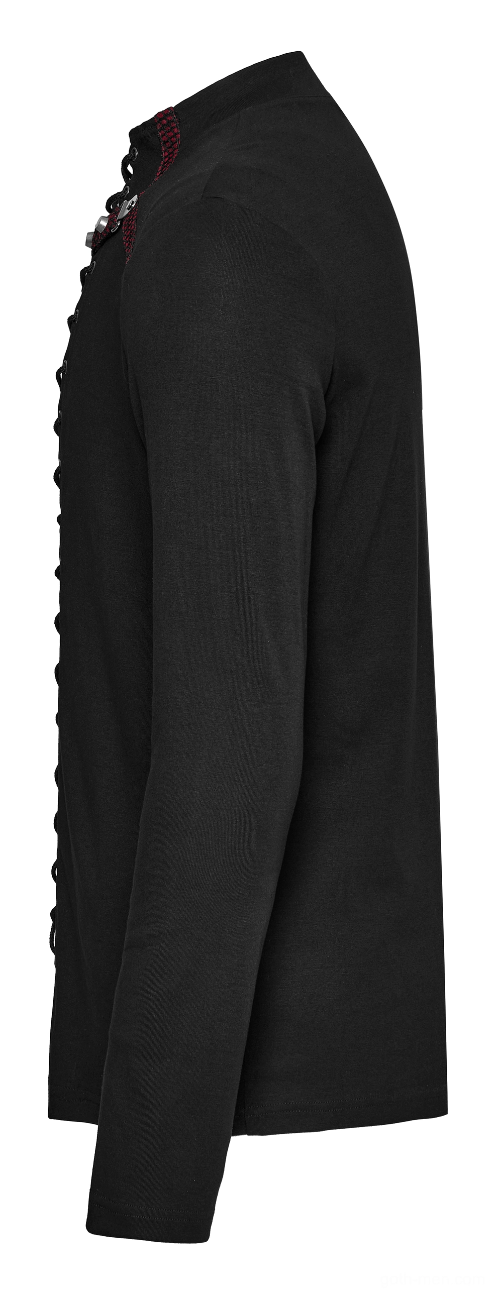 Side profile flat lay of men's gothic lace-up long sleeve top showing slim fitted sleeves and structured collar design