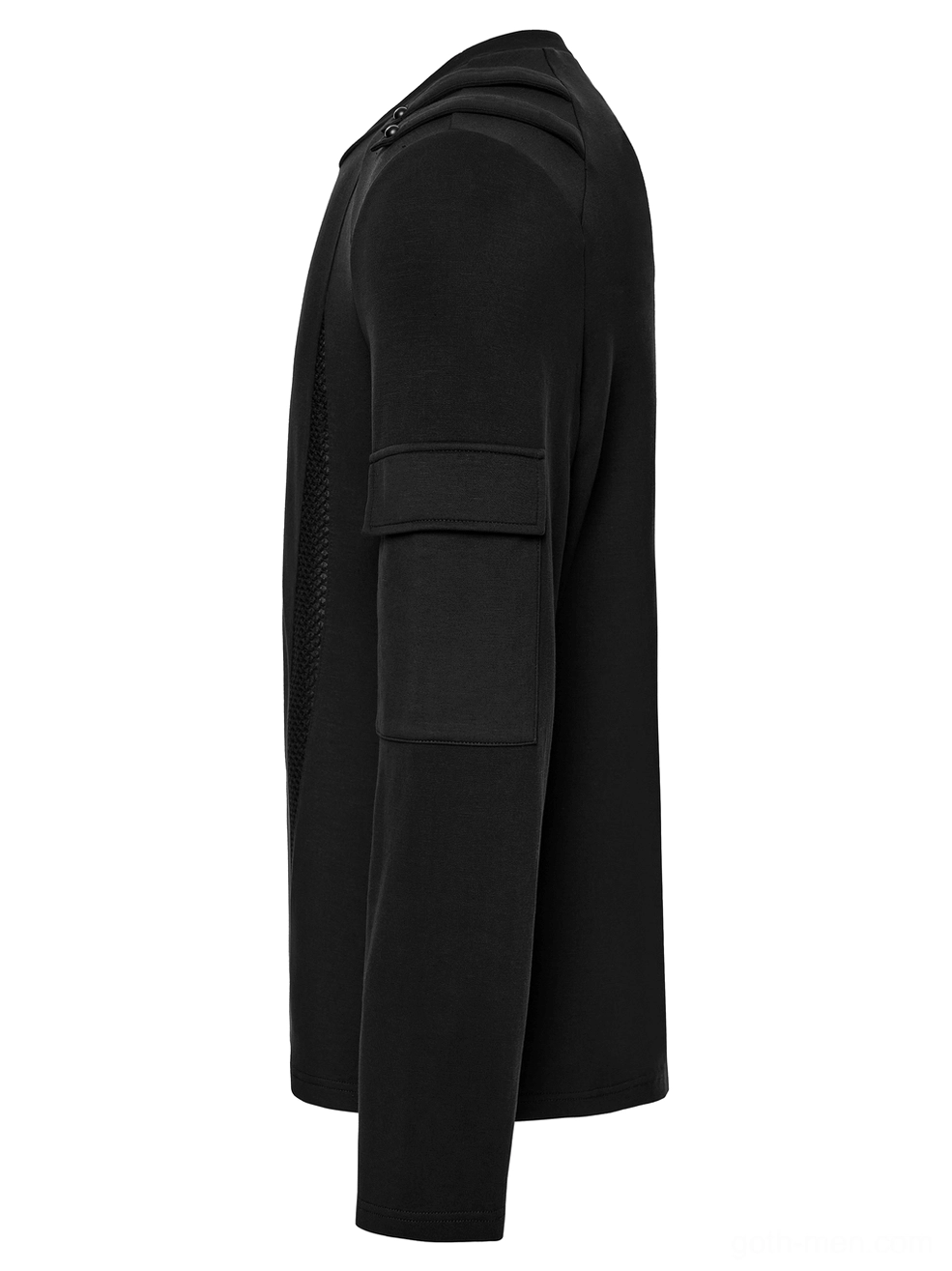 Side flat view of black gothic long-sleeve top showing fitted silhouette and sleeve pocket construction