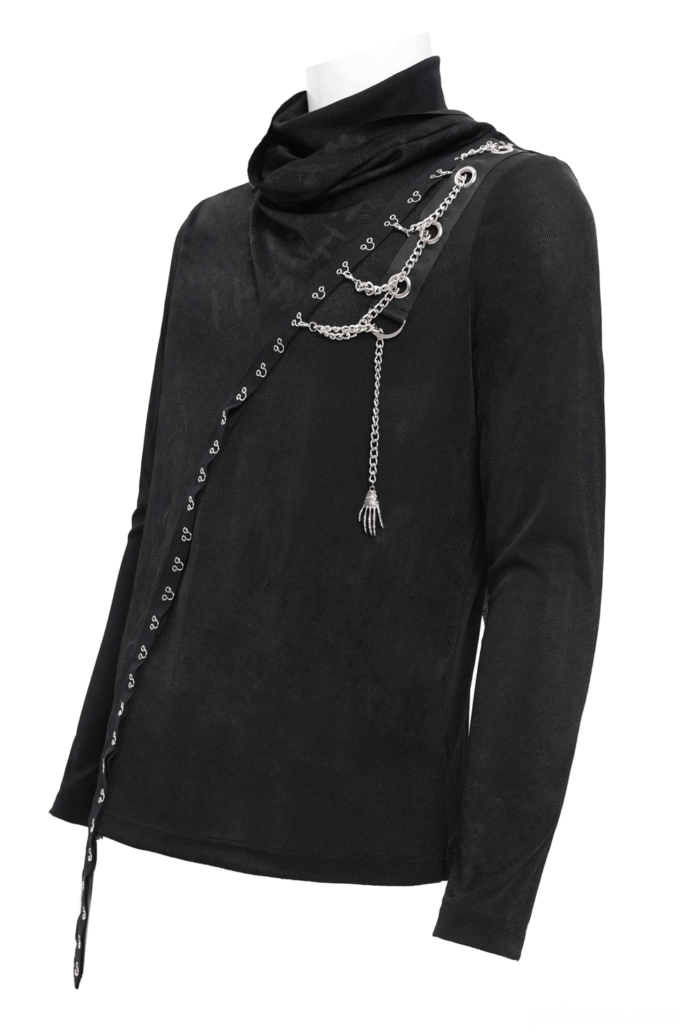 Gothic asymmetrical long-sleeve top on display mannequin featuring high turtleneck collar, fitted silhouette, and decorative chain hardware accents