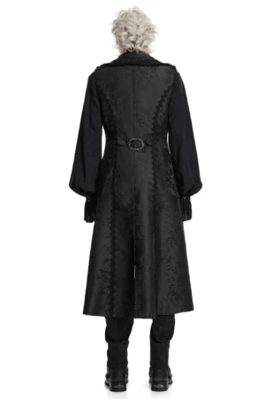 Gothic waistcoat back view featuring decorative waist buckle and extended maxi length silhouette