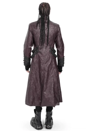 Wine red punk steampunk longline coat rear view showing hip buckle straps and back silhouette on model with braids