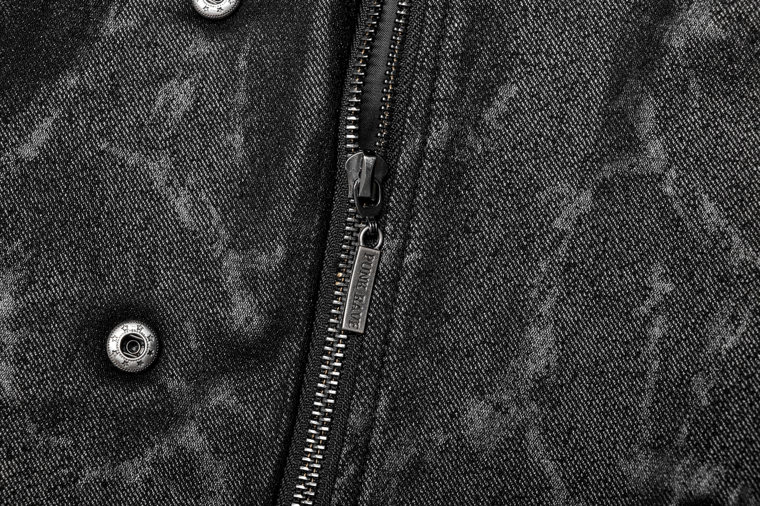 Gothic longline coat showing distressed black fabric texture and worn aesthetic