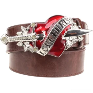 Brown leather gothic belt featuring metal heart crossed dagger buckle with Love Hurts engraving, studio view