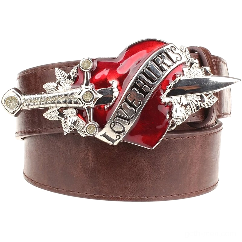 Brown leather gothic belt featuring metal heart crossed dagger buckle with Love Hurts engraving, studio view