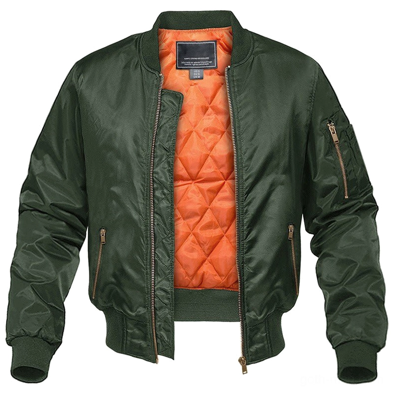 MA-1 bomber jacket in forest green with quilted orange inner lining and multiple zipper pockets - gothic military style
