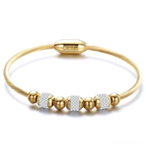 Gold gothic magnetic stainless steel charm bracelet with twisted rope chain and crystal beads