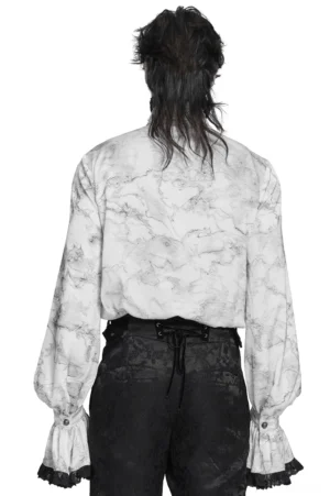 White Marble Pattern Gothic Shirt with Ornate Lace Details - Back Full Body View
