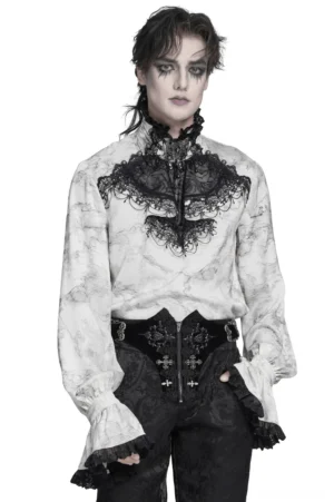 White Gothic Marble Shirt with Black Lace Bib and High Stand Collar - Front Full Body View