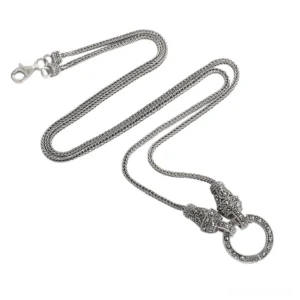 Retro marcasite sterling silver long chain pendant necklace S925 with braided foxtail chain and decorative connector, side flat view on white background