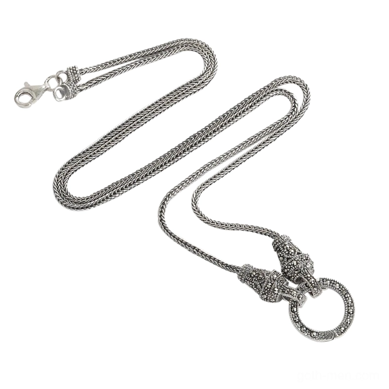 Retro marcasite sterling silver long chain pendant necklace S925 with braided foxtail chain and decorative connector, side flat view on white background
