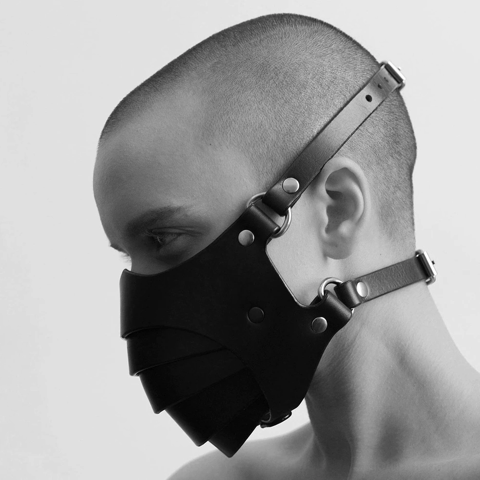 Gothic layered face mask product showcase displaying full adjustability range and unisex design versatility