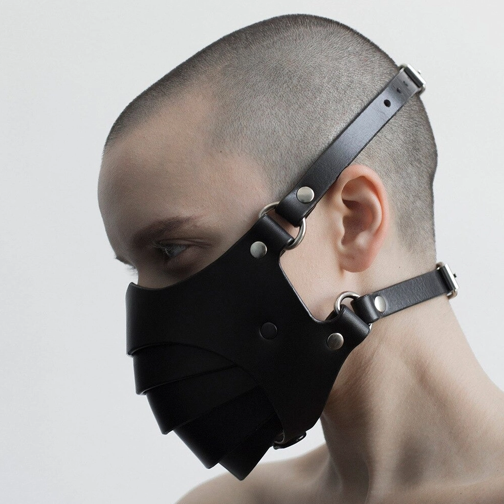 Gothic cosplay mask rear and side view showing dual head and neck adjustment buckle straps