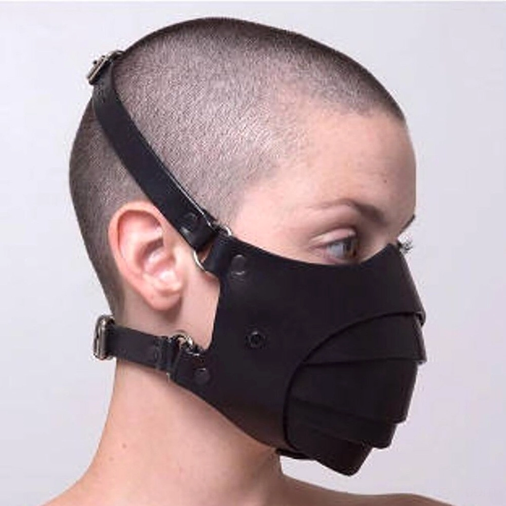 Unisex gothic leather face mask worn by female model, right side view displaying adjustable head and neck straps