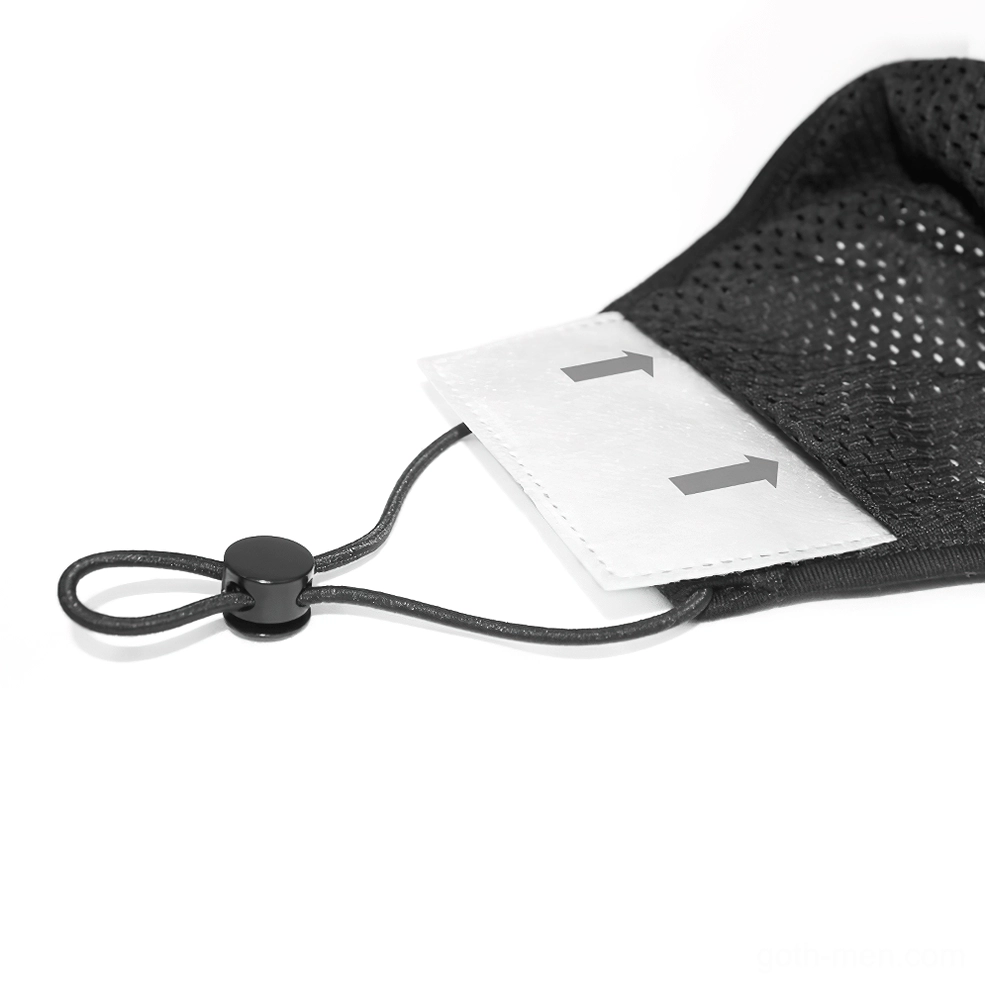 Removable filter pocket detail of gothic lace face mask showing filter slot and adjustable ear loop with plastic locking mechanism
