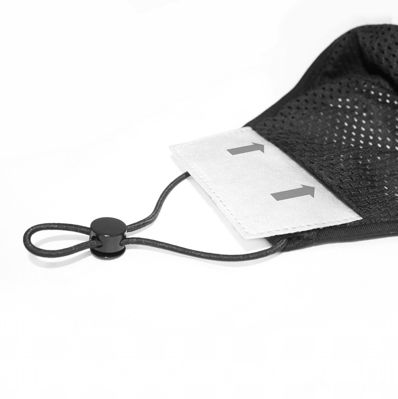 Close-up detail of gothic mask filter pocket and mesh inner lining - top-down view showing filter insertion mechanism