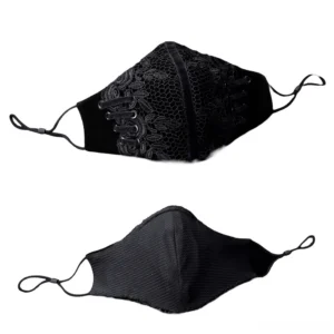 Flat lay overhead view of gothic face mask displaying honeycomb lace pattern, floral embroidery details, and velvet side panels