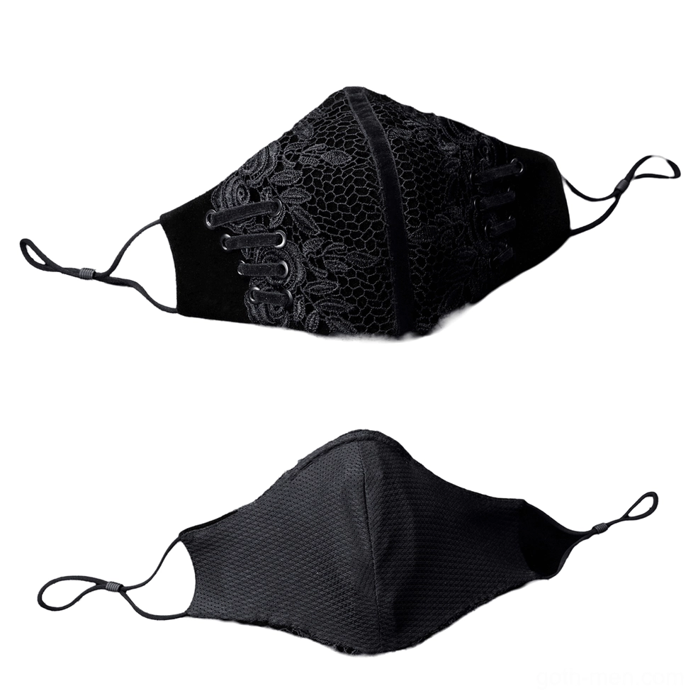 Flat lay overhead view of gothic face mask displaying honeycomb lace pattern, floral embroidery details, and velvet side panels