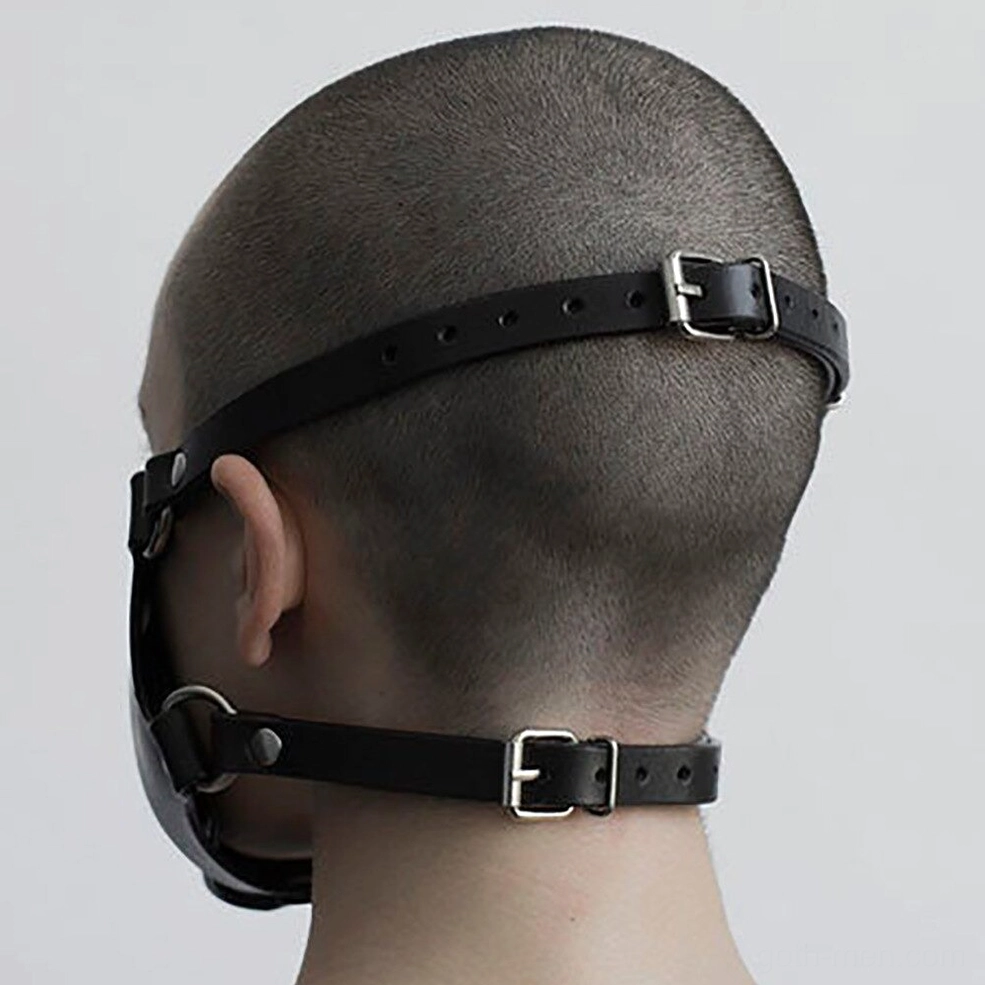 Rear view of gothic face mask showing dual buckle strap system and adjustable fastening mechanism