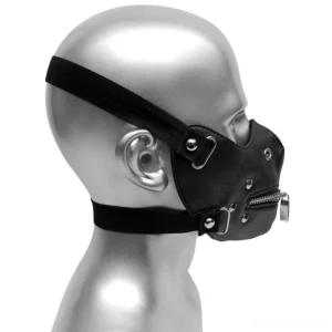 Steampunk face mask left side profile showing metal buckles adjustable neck strap and lower zipper