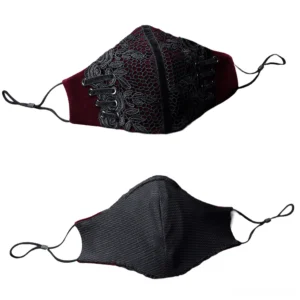 Gothic lace velvet mask top angled view displaying corset-style front decoration, rope trimmings, and layered lace overlay design