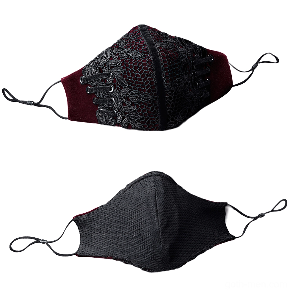 Gothic lace velvet mask top angled view displaying corset-style front decoration, rope trimmings, and layered lace overlay design