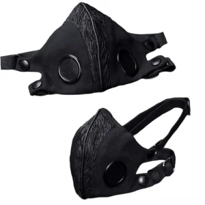 Black punk gothic mask top oblique angle showing textured seam design, dual air vents, and adjustable metal hardware