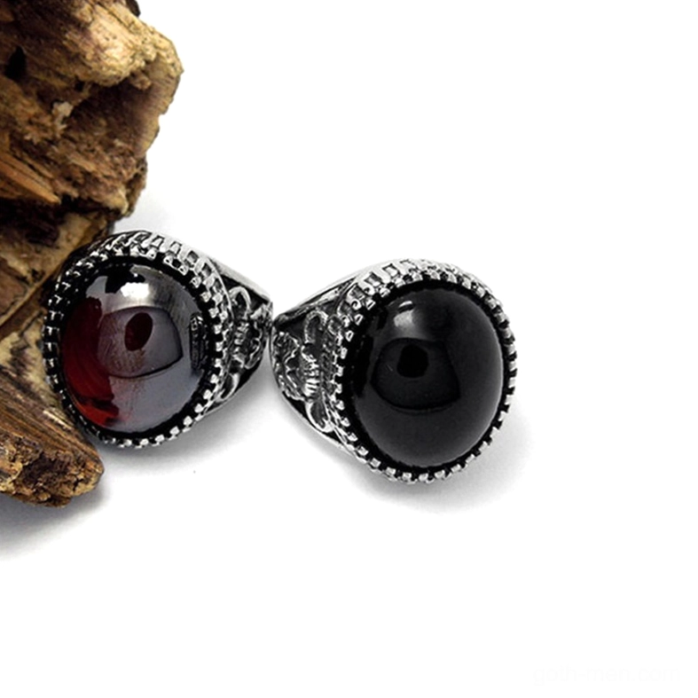 Gothic red and black statement rings together, matching engraved stainless steel bands, unisex alternative pieces