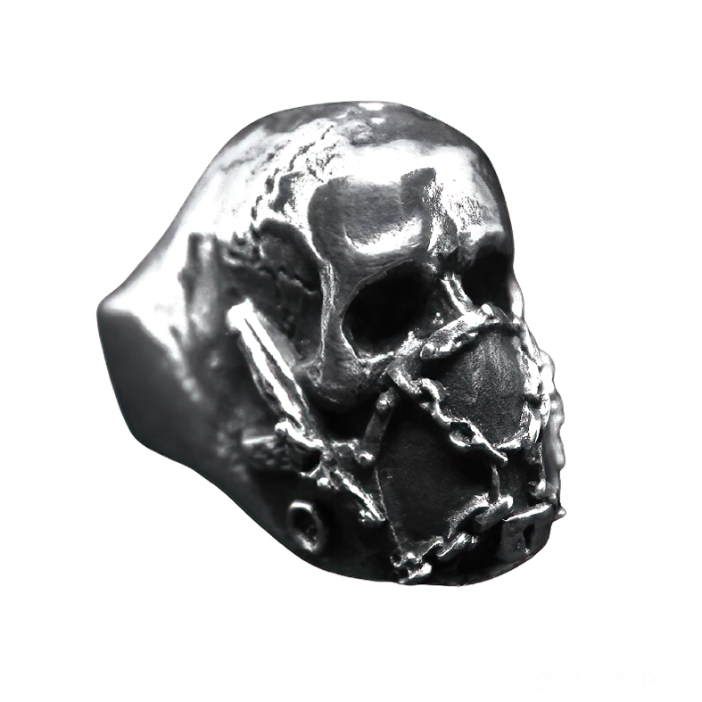 Aged silver finish memento mori skull ring showcasing detailed bone carving and weathered metal texture, side profile
