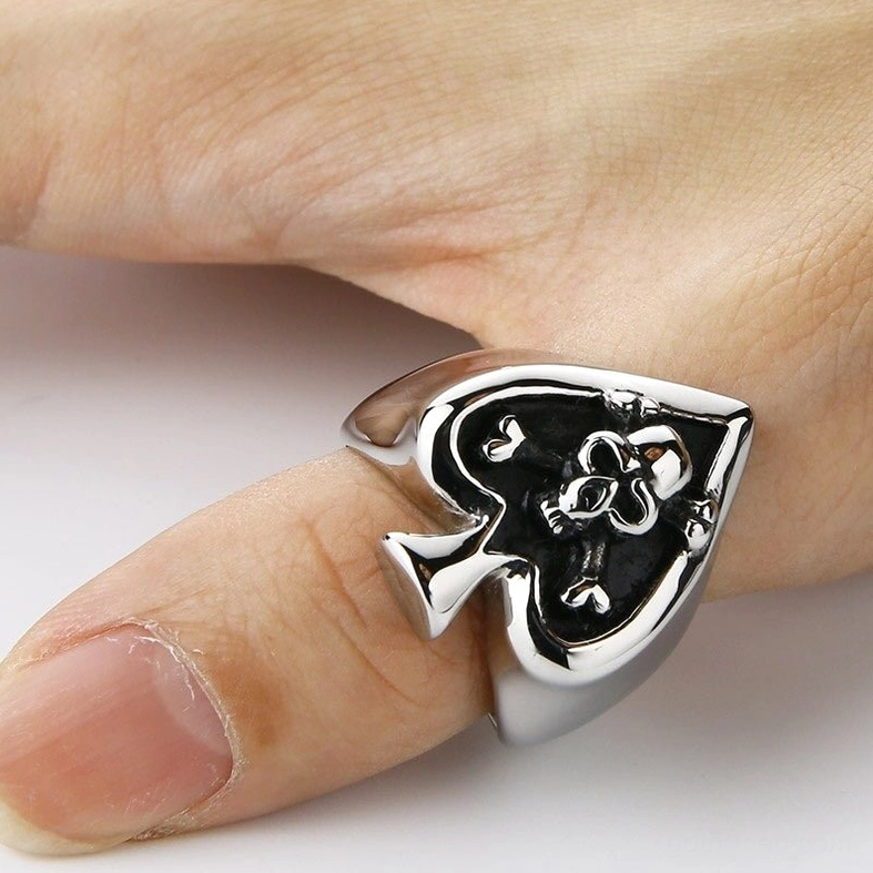 Compact gothic spade skull ring with embossed crossbones detail showing memento mori symbolism and craftsmanship
