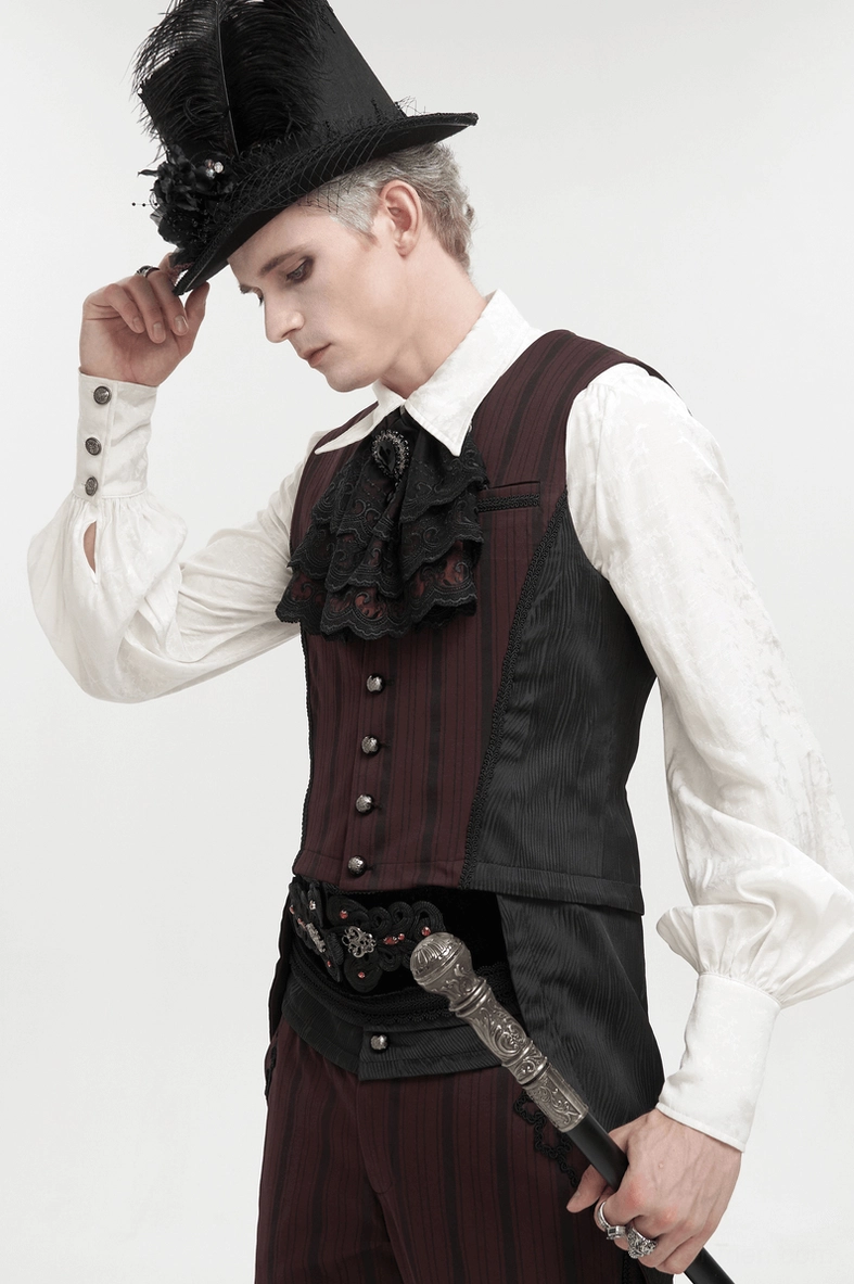 Gothic men's black lace cravat with embroidered paisley design, wine red accent, and crystalline pendant accessory