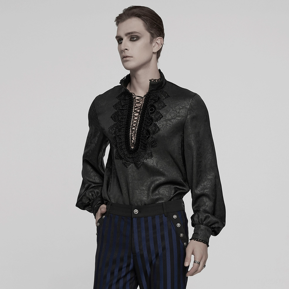 Gothic men's lace shirt with stand-up collar and drawstring detail photographed on mannequin