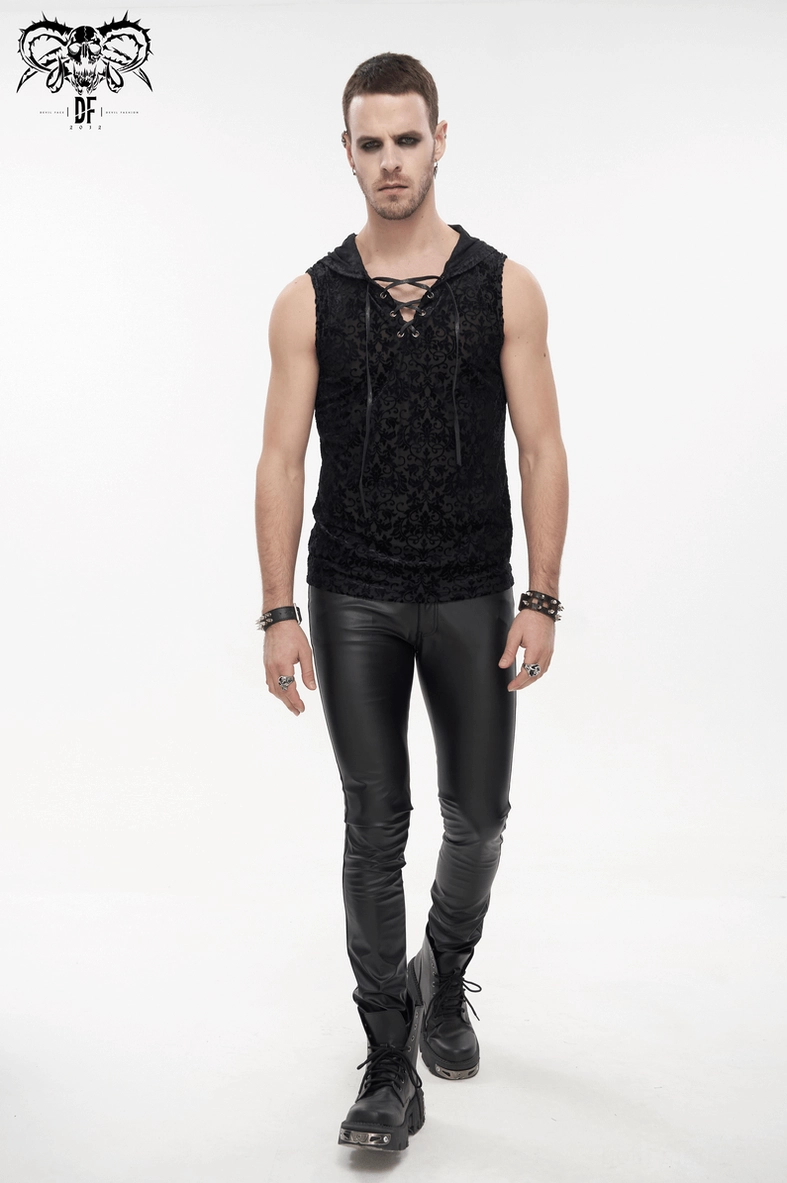 Gothic men's hooded tank top with floral flocked embellishment, full body mannequin display shot