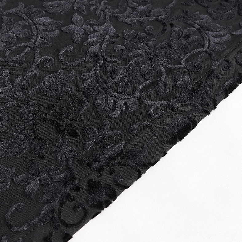 Gothic men's tank top with hood and velvet floral print, alternative wear styling close-up