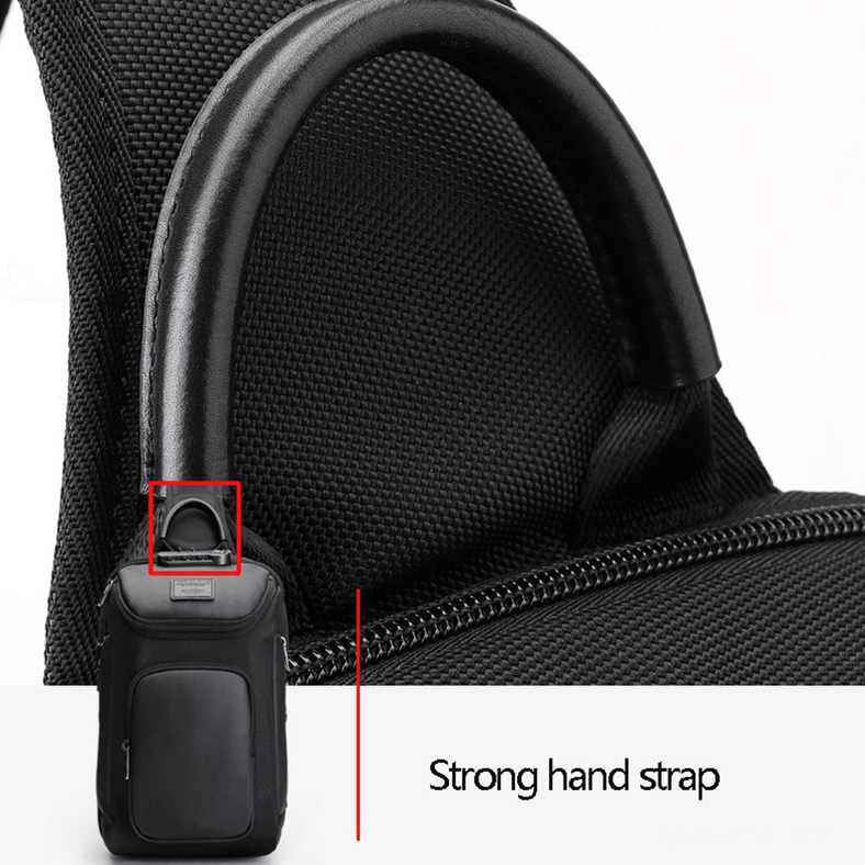 Black waterproof mens sling bag combination lock security feature close-up detail view