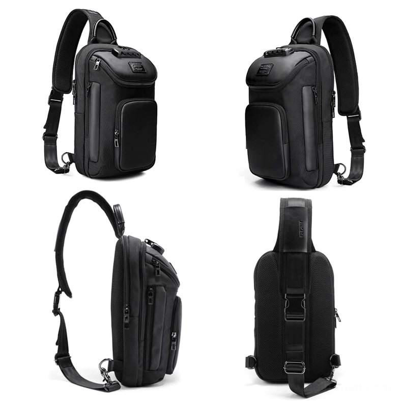 Mens sling crossbody bags four angles black and gray color options compact size multiple zippers