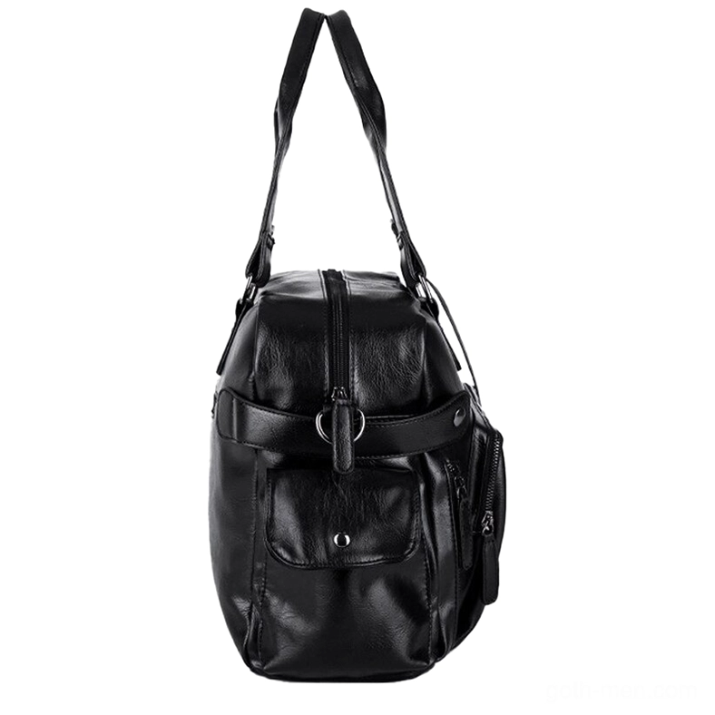 Men's black leather gothic shoulder bag vertical side profile with top zipper closure and exterior pocket