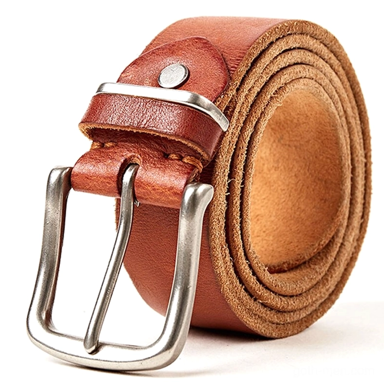 Reddish-brown genuine leather gothic belt featuring silver buckle and natural leather keeper strap, three-quarter view