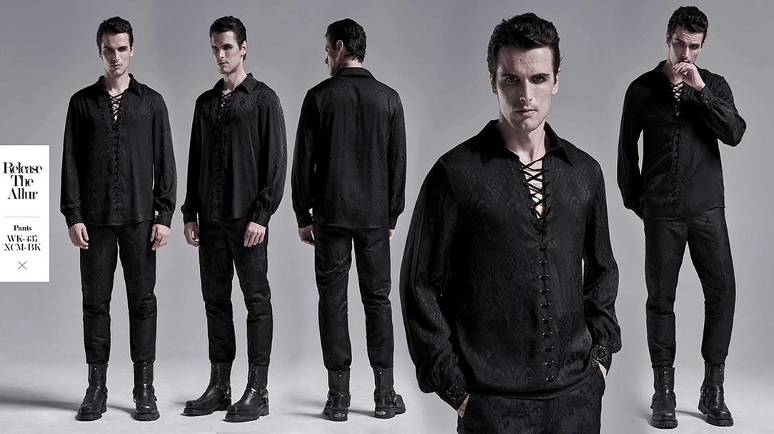 Gothic men's black lace-up jacquard shirt additional product display angle