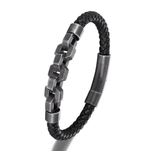 Men's gothic block chain leather bracelet - Black Style 3 with segmented stainless steel chain and black woven leather, front right angle view