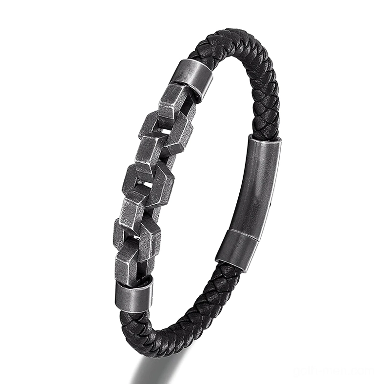 Men's gothic block chain leather bracelet - Black Style 3 with segmented stainless steel chain and black woven leather, front right angle view