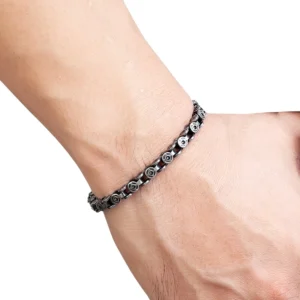 mens gothic chain bracelet circular link design worn on wrist dark silver