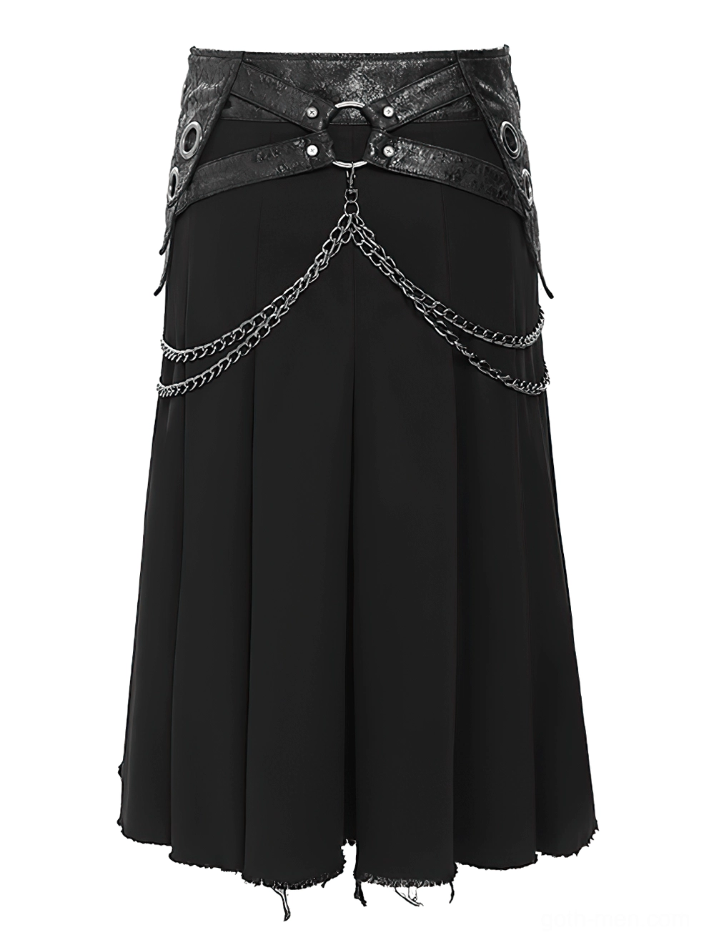 Split front gothic punk skirt faux leather waist panels chain details three quarter view