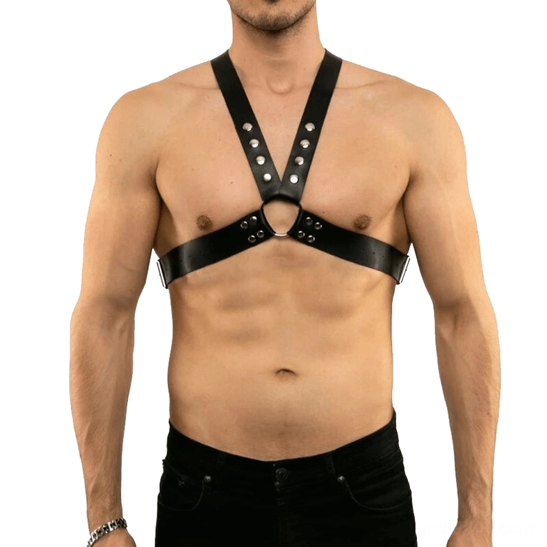 Men's black studded leather chest harness front view, adjustable buckle design with central O-ring